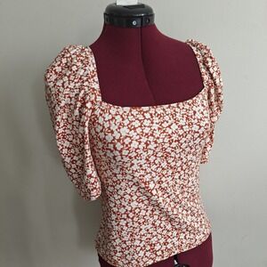 Socialite Women's Puff Mutton Short Sleeve Floral Orange Blouse Top Medium Boho